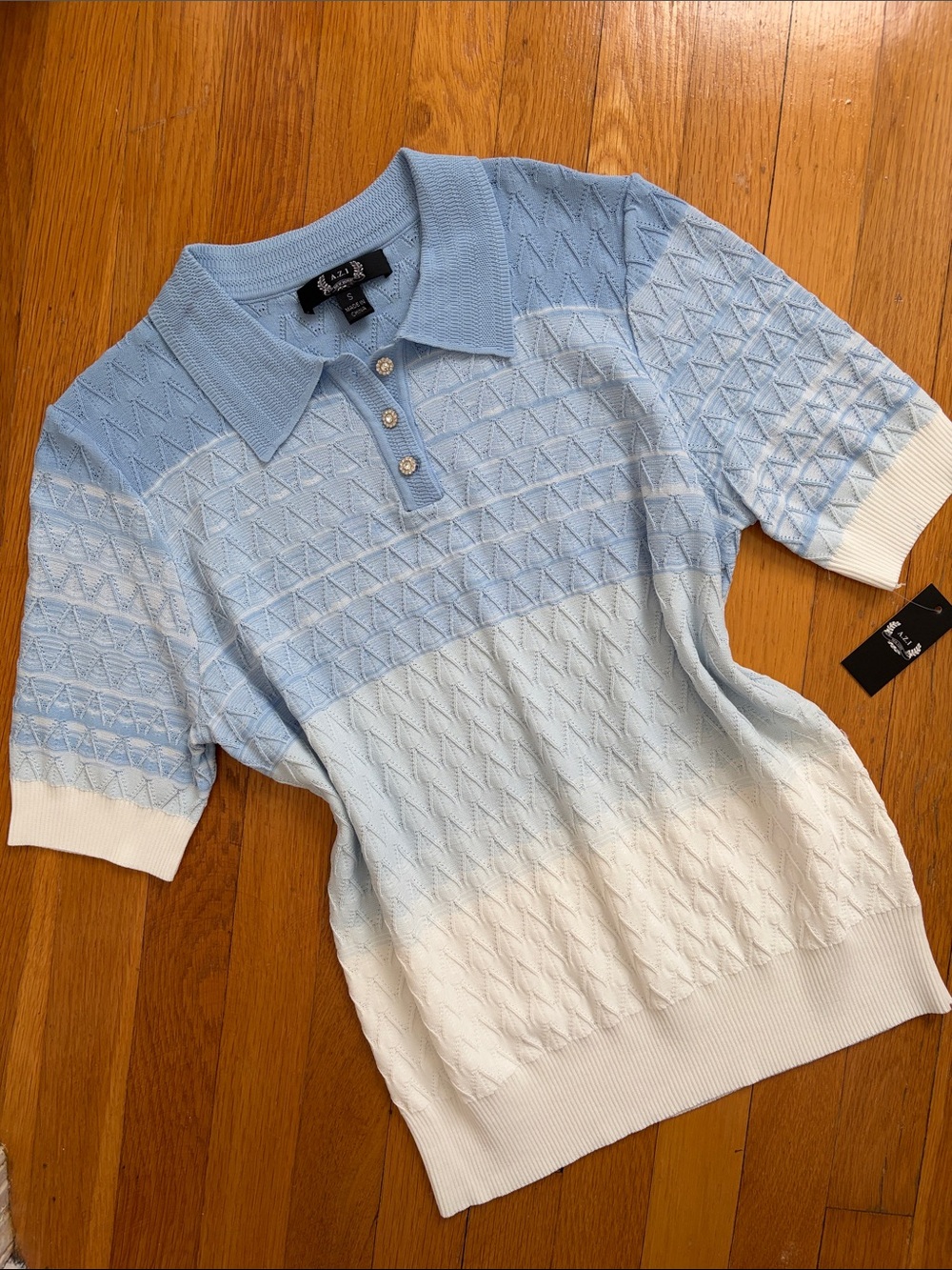 NWT AZI New York Size S Short Sleeved Baby Blue Collared Polo Shirt Knit Blouse